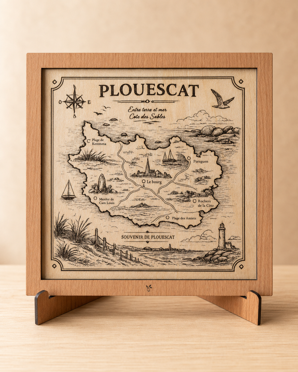 Tableau en bois Plouescat – Carte illustrée de la Côte des Sables