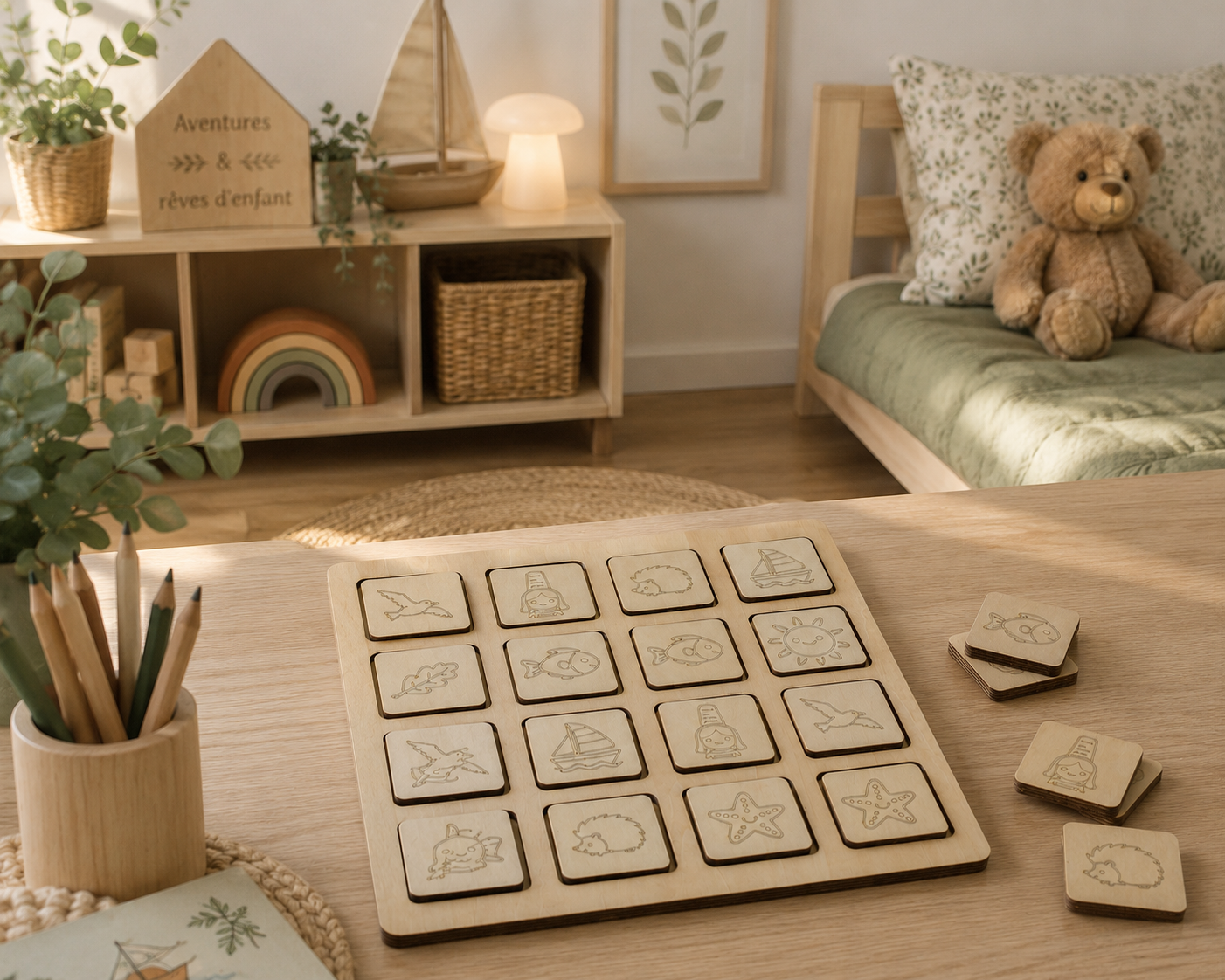Memory en bois – Jeu de mémoire artisanal Montessori – Nature & bord de mer