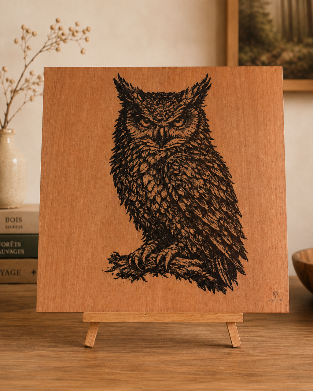 Tableau chouette réaliste gravé sur bois – 30 x 30 cm