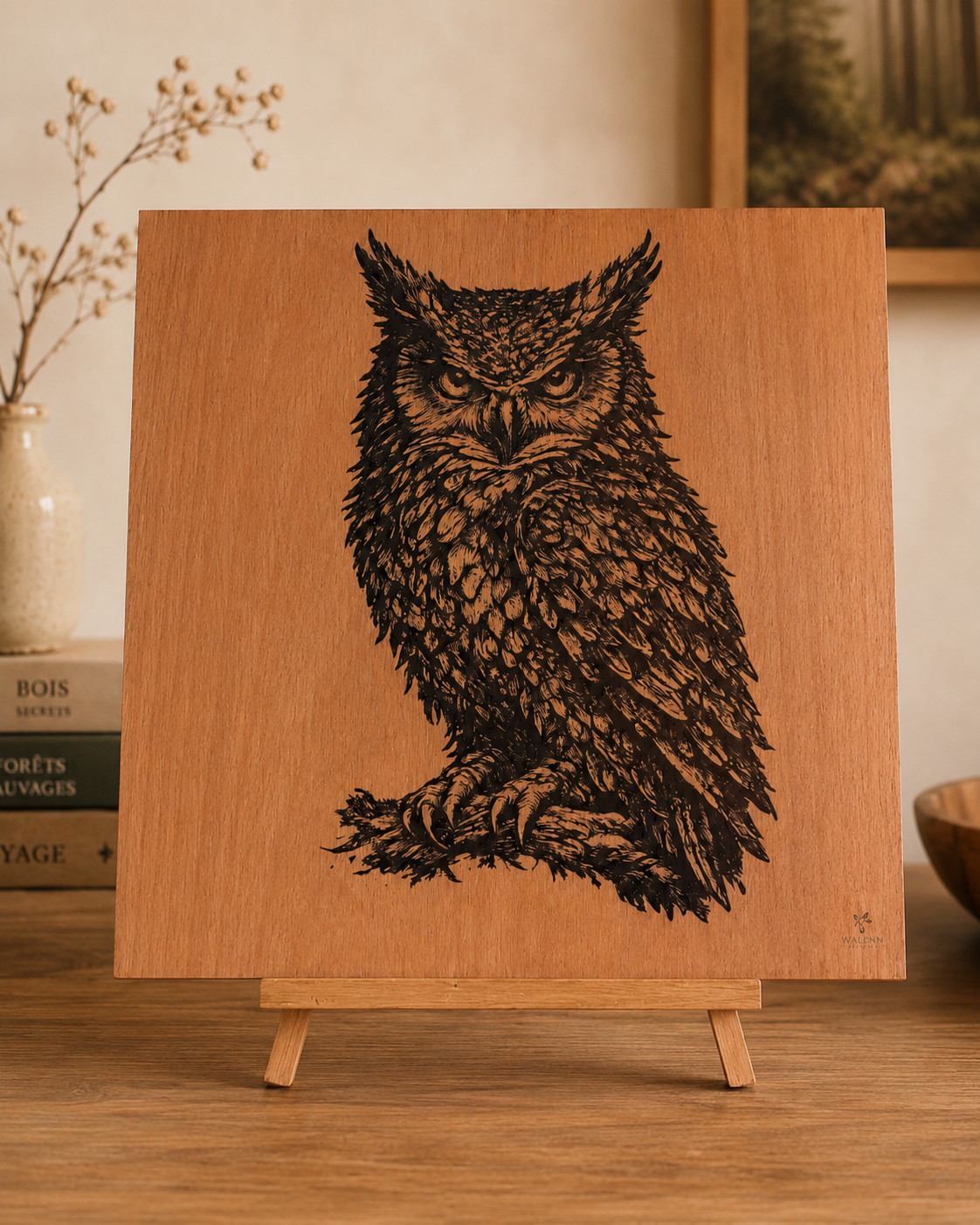 Tableau chouette réaliste gravé sur bois – 30 x 30 cm