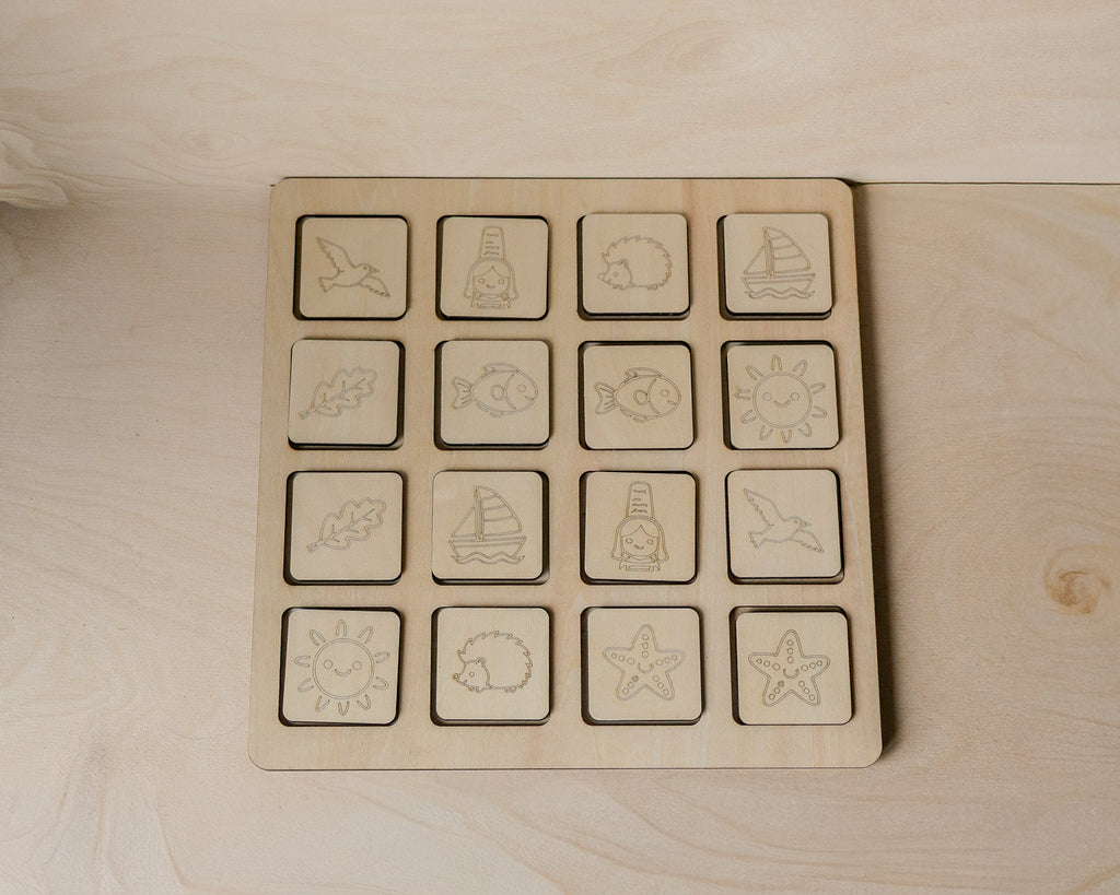 Memory en bois – Jeu de mémoire artisanal Montessori – Nature & bord de mer