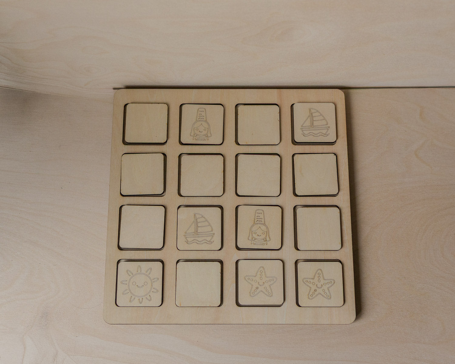 Memory en bois – Jeu de mémoire artisanal Montessori – Nature & bord de mer
