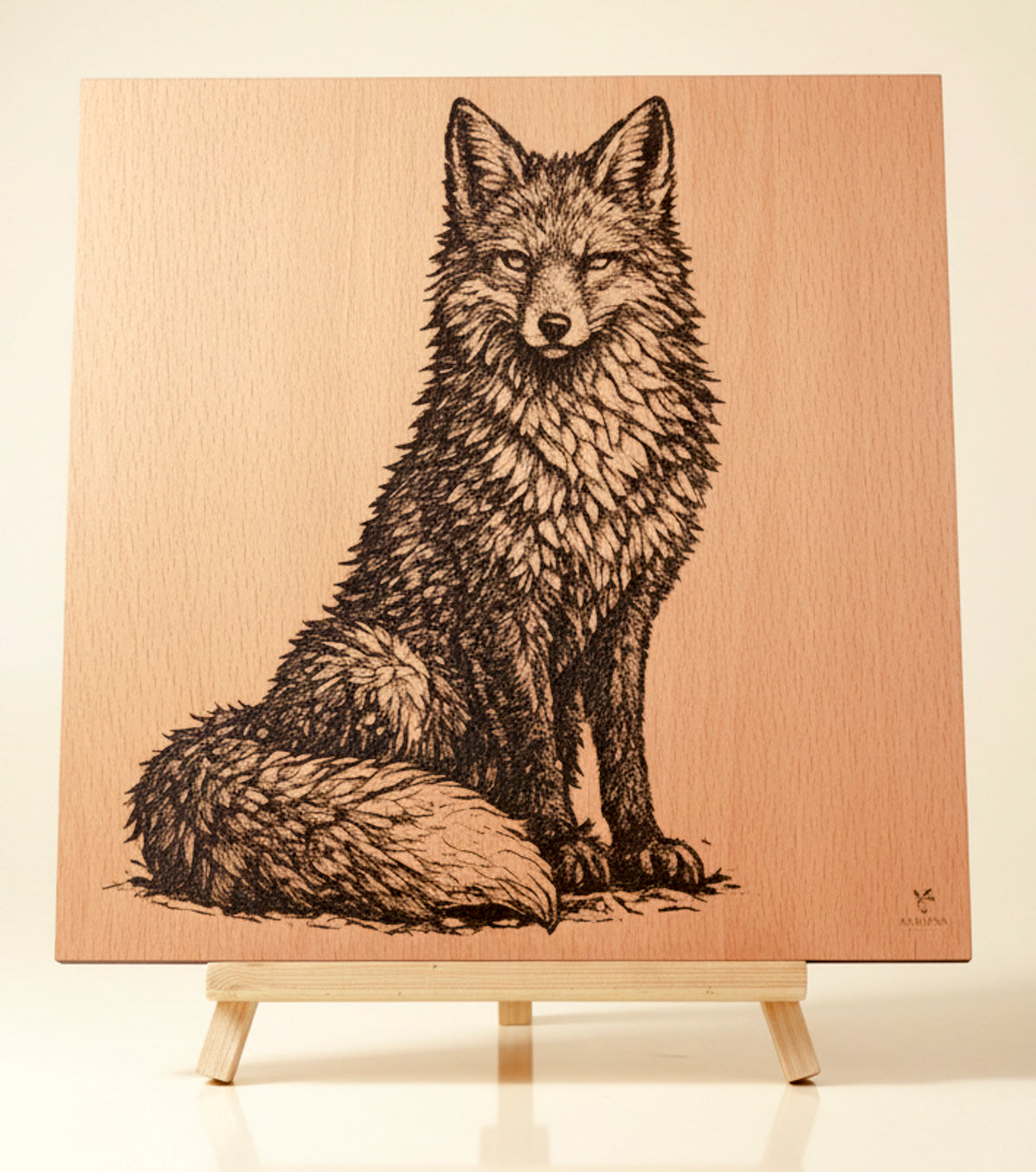 Tableau renard réaliste gravé sur bois – 30 x 30 cm