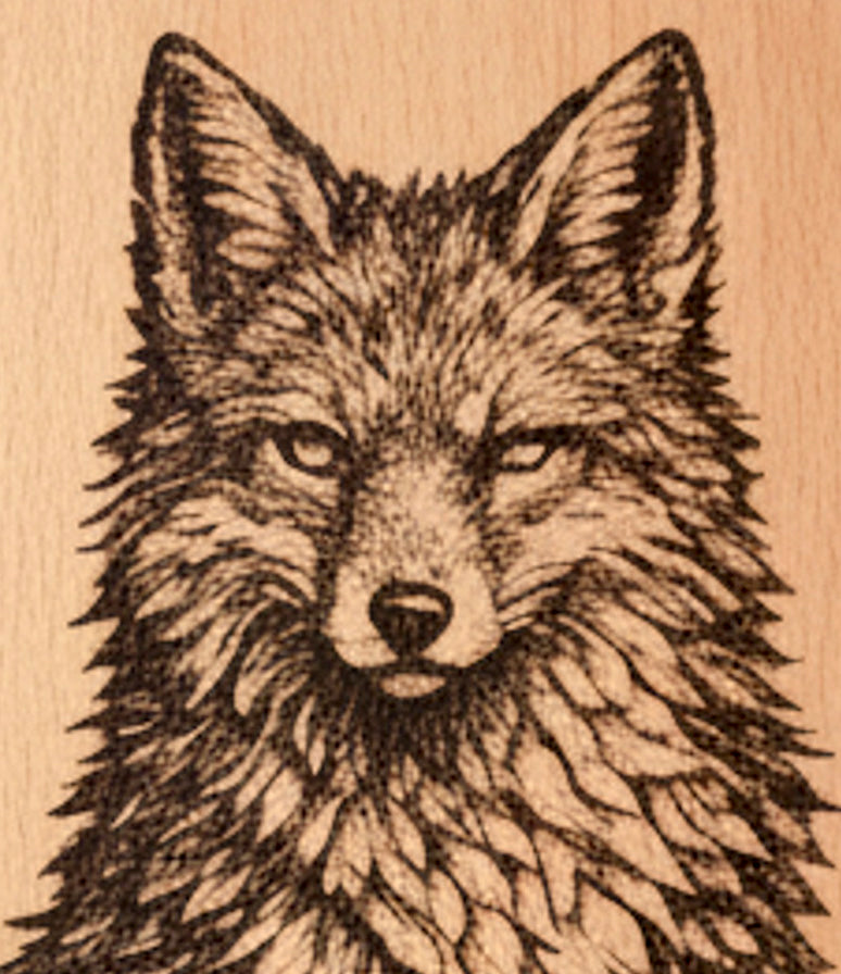 Tableau renard réaliste gravé sur bois – 30 x 30 cm