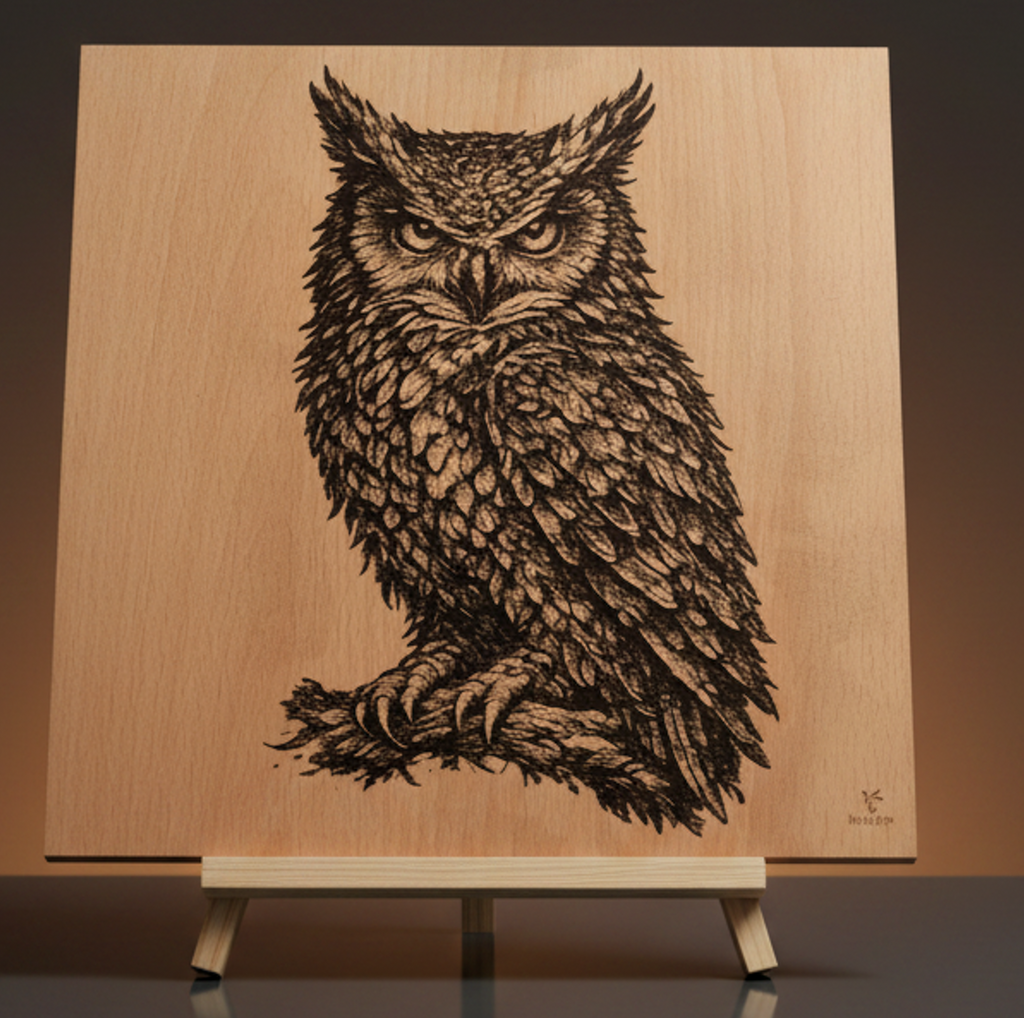 Tableau chouette réaliste gravé sur bois – 30 x 30 cm