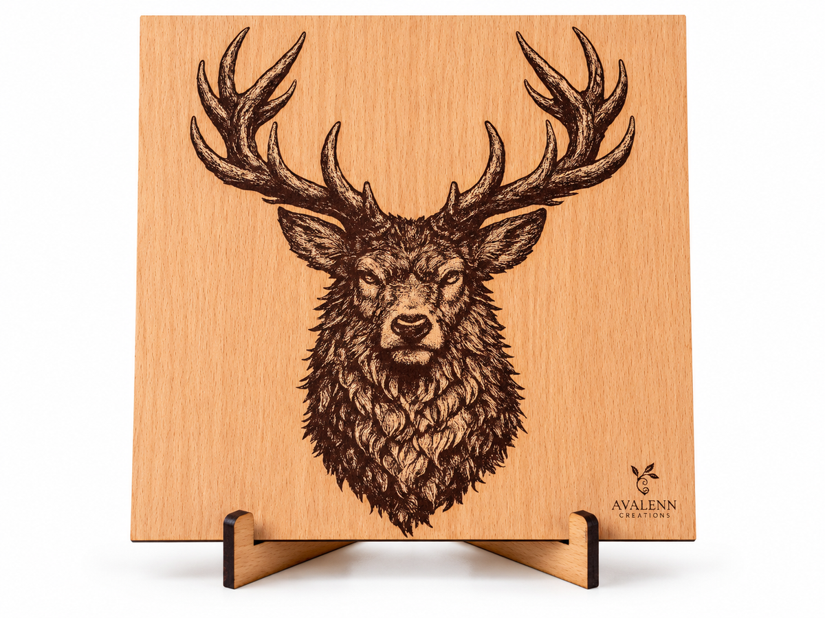 Tableau Cerf gravé sur bois – Décoration artisanale 30 × 30 cm - Avalenn Créations
