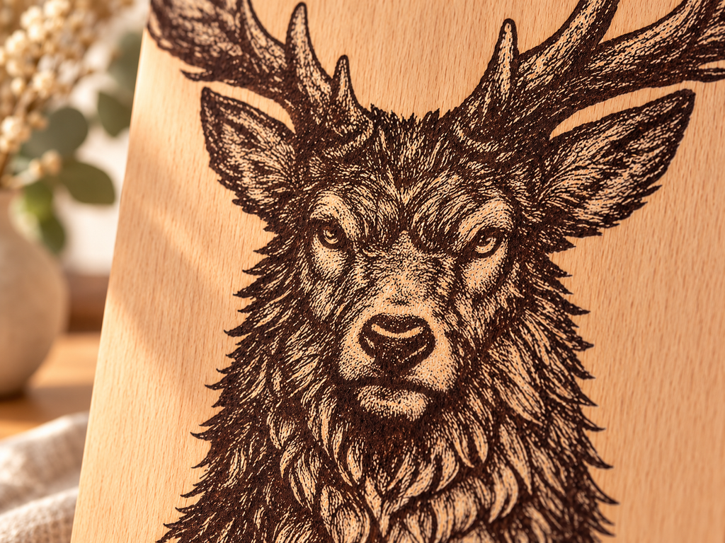 Tableau Cerf gravé sur bois – Décoration artisanale 30 × 30 cm - Avalenn Créations
