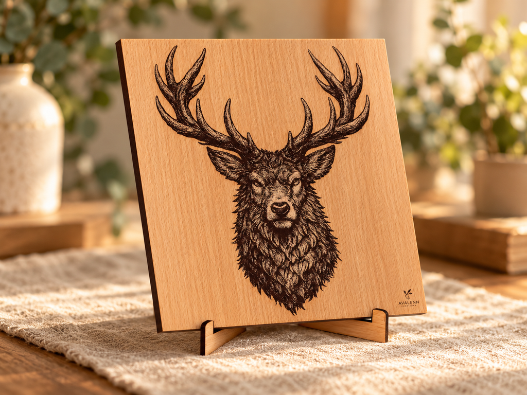Tableau Cerf gravé sur bois – Décoration artisanale 30 × 30 cm - Avalenn Créations