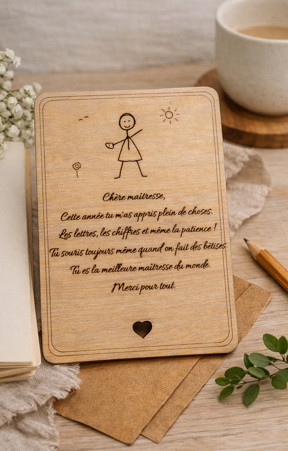 Carte Merci Maîtresse en bois gravée — Personnalisable