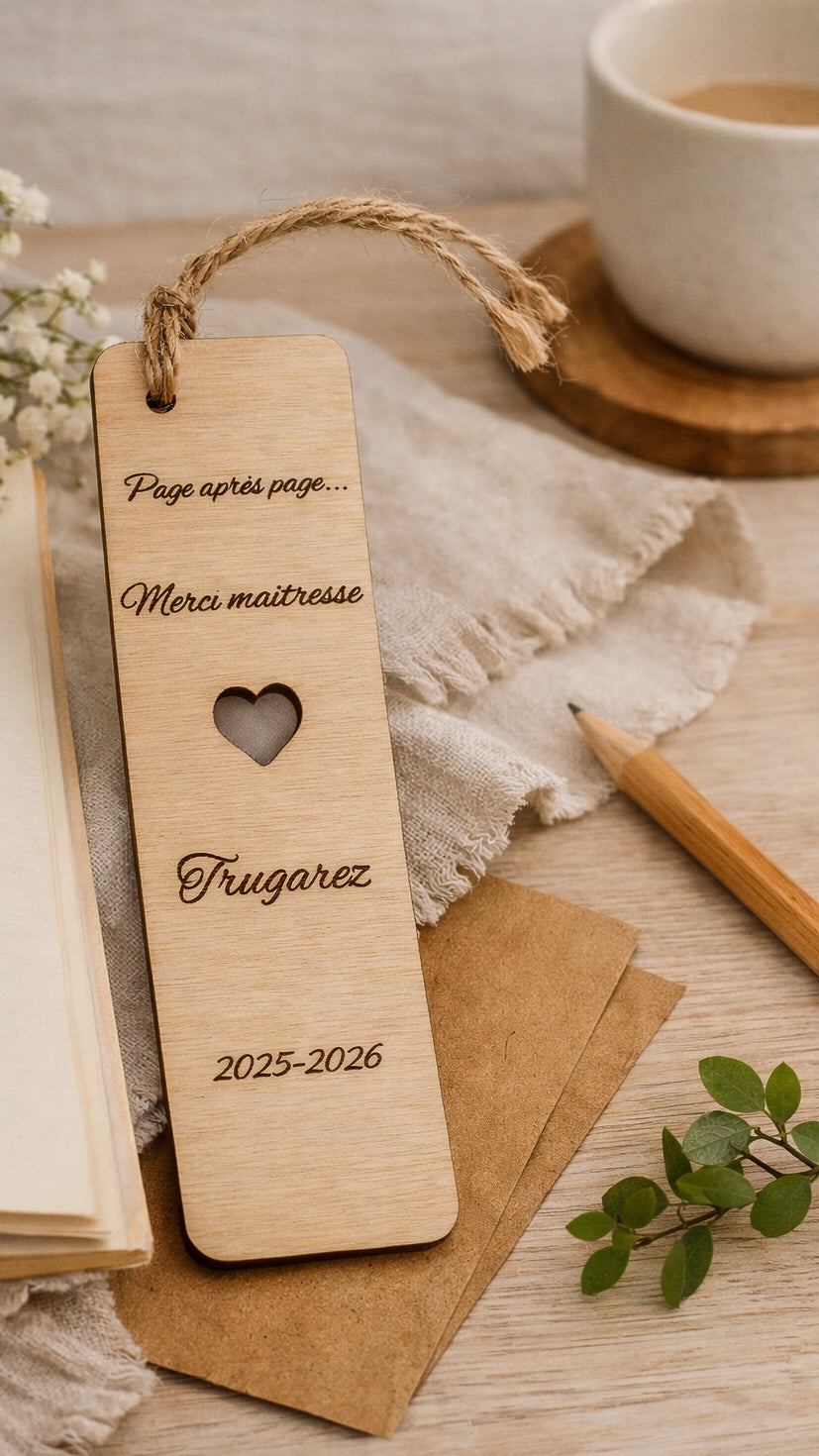 Marque-page Merci Maîtresse en bois gravé — Personnalisable