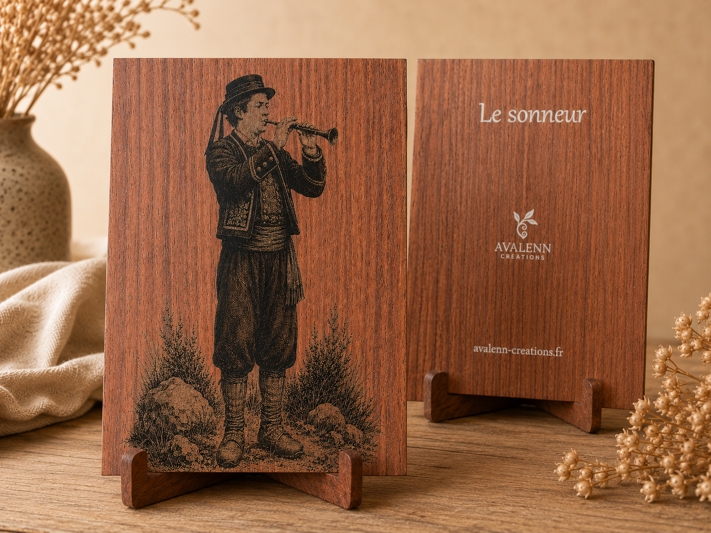 Le Sonneur – Tableau gravé sur bois, tradition bretonne